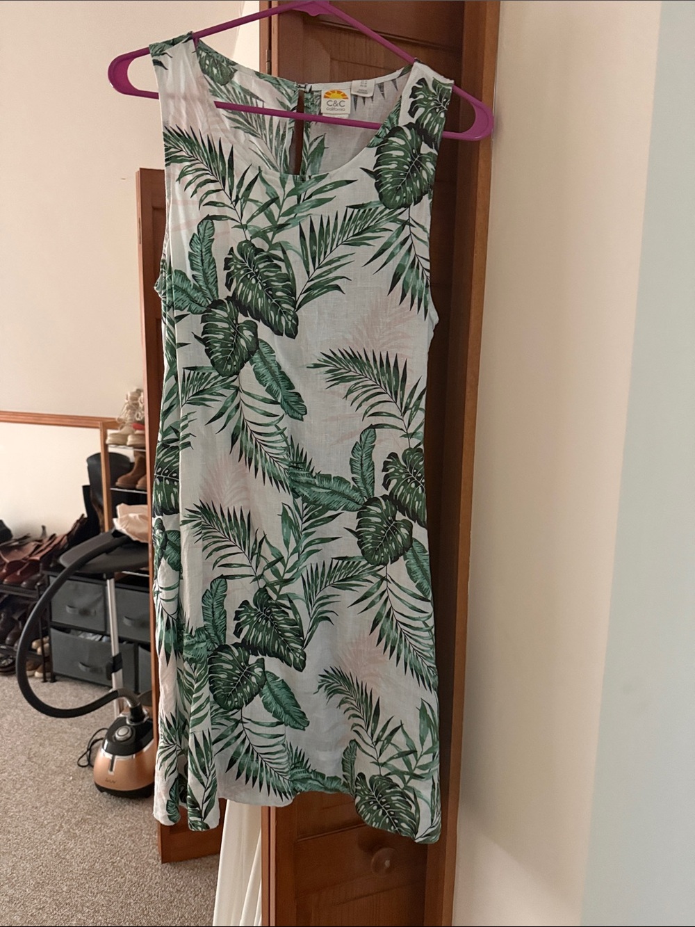C&C California White Tank Dress with Green Tropical Leaf Print